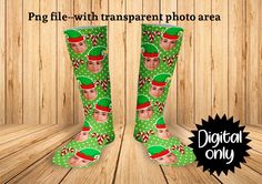 a pair of green socks with elf faces on them and the words, digital only