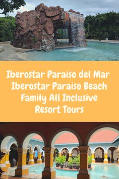 an outdoor swimming pool with the words iberotar paraiso del mar in spanish