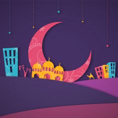 an illustration of a crescent moon with buildings and giraffes in the background