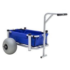 a blue wagon with wheels is shown on a white background and has an empty basket in it