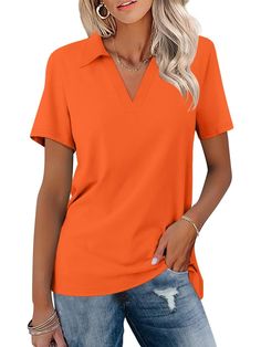 PRICES MAY VARY. Material:short sleeve shirts for women,women's polo shirts,the fabric of this womens casual tops includes cotton,polyester and spandex,super soft material,elasticity,not see-through,friendly to you skin,Lightweight and breathable fabric makes you feel cooler throughout the summer. Features:womens short sleeve tops.polo shirts for women,unique polo collared v neck design is eye-catching,attracting attention and receiving praise.The lapel design can create a confident and elegant Solid Color Relaxed Fit Polo Shirt With Short Sleeves, Spring Short Sleeve Solid Polo Shirt, Orange Short Sleeve Solid Color Tops, Summer Collared Polo Shirt, Casual Johnny Collar Blouse, Summer T-shirt With Collared Neckline, Orange Relaxed Fit Collared Tops, Summer Orange Polo Shirt With Collar, Summer Orange Polo Shirt With Polo Collar