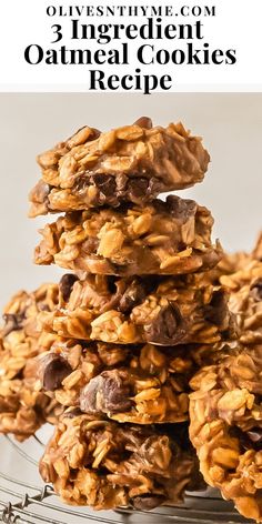 chocolate chip oatmeal cookies stacked on top of each other with text overlay