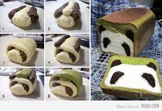 instructions for how to make panda bread with green and white frosting on top, then cut in half