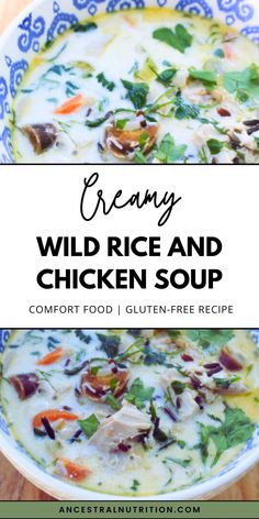 creamy wild rice and chicken soup in a bowl