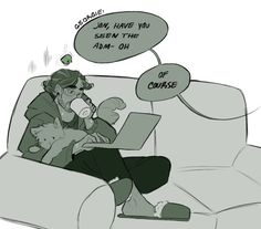 a person sitting on a couch with a laptop and two speech bubbles above them that say, can't have you seen the am - oh