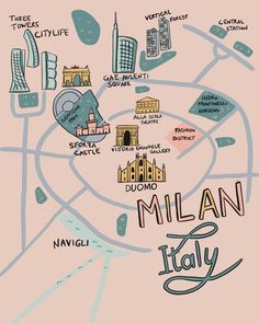 an illustrated map with the names of different cities and towns on it's side