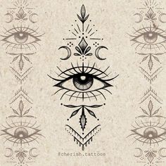 an all seeing eye surrounded by ornate designs on a beige background with the words cherish tattoos