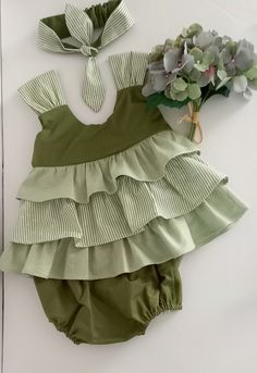 Toddlers Sage green  sundress with contrast ruffles and tie sash,with contrast reversible ruffle top bloomers and matching headband Sage Green Sundress, Green Sundress, Teal And Gold, Matching Headband, Ruffle Top, Beautiful Fabric, Sage Green, Sundress, Ruffles