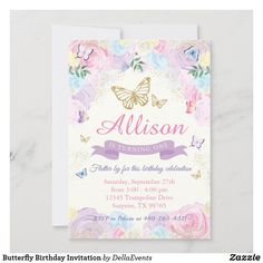 a pink and blue floral birthday card with butterflies