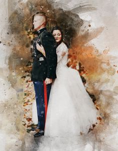 a watercolor painting of a bride and groom standing next to each other in front of an artistic background