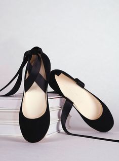 "Black soft nubuck ballet flats with long satin ribbons to tie around your ankle. This stunning pair follows the guidelines of our classic, minimal urban ballerina style. * Our Swan style (one piece upper parts) are Narrow fit & run smaller, so please, do size up (only in our Swan style ballet flats, our classic style - two piece design - are standard fit!) * The design is super flattering on all feet shapes and sizes * Luxurious chrome free leather lining with true leather soles (3mm) & anti sl Blue Ballet Flats, Lace Up Ballet Flats, Black Leather Ballet Flats, Black Ballerina, Ballerina Style, Black Ballet, Satin Ribbons, Pointe Shoes, Black Ballet Flats