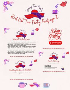 the red hat tea party package is displayed on a white background with pink and purple flowers