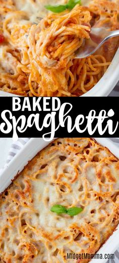 baked spaghetti in a white casserole dish with a serving spoon and the words baked spaghetti above it