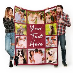 a man and woman holding up a blanket with photos on it that says your teat here