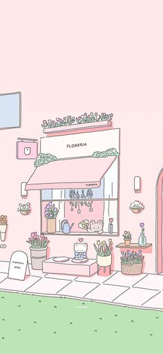 a pink room with potted plants in the corner