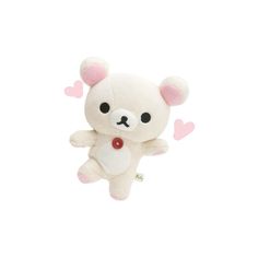 a small white teddy bear with hearts on it's chest and eyes closed, flying through the air