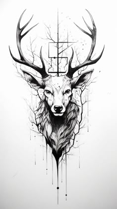 a black and white drawing of a deer's head with geometric designs on it