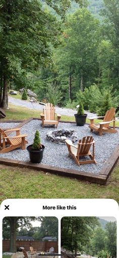 an outdoor fire pit surrounded by wooden chairs and graveled area with trees in the background