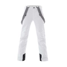 a pair of white ski pants with black and white checkers on the bottom side