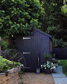 a garden shed with plants and flowers in it