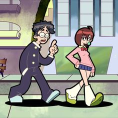 an animated man and woman walking down the street