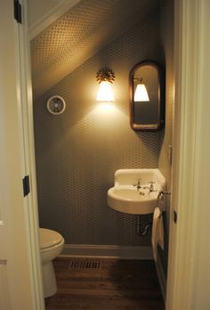 Toilet Under Stairs Design Ideas, Pictures, Remodel and Decor Powder Room Under Stairs Layout, Tiny Closet Powder Room, Closet Bathroom Tiny, Tiny Closet Bathroom, Small Corner Bathroom Sink, Tiny Bathroom Corner Sink, Corner Sink Cloakroom, Bathroom Under Basement Stairs, Tiny Corner Sink