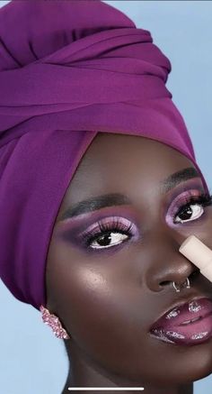 Royal Purple Makeup, Makeup Faces, African Head Scarf, Purple Princess, Makeup Looks Natural, Metallic Eyes, Purple Makeup, Bold Eyes, Pink Aura