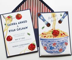 two wedding cards with spaghetti and strawberries in a blue bowl on top of each other