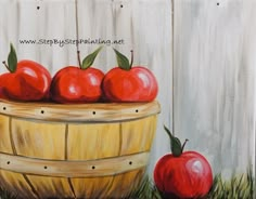 an oil painting of apples in a basket