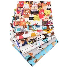 five different types of fabric with cats and dogs on them, all in various colors