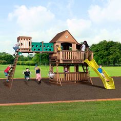 children playing on a wooden swing set