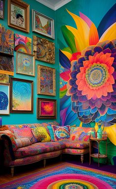 a brightly colored living room with lots of pictures on the wall