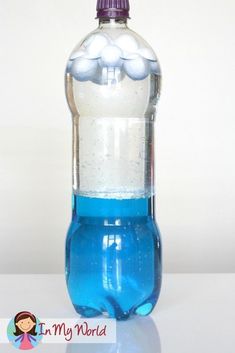 a blue and white bottle filled with liquid