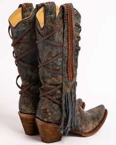 Corral Women's Braided Fringe Cowgirl Boots - Snip Toe, Blue Bohemian Leather Boots With Fringe, Western Lace-up Boots With Snip Toe For Fall, Brown Leather Fringe Boots, Brown Western Boots With Tassels, Leather Fringe Boots For Rodeo, Fringe Cowgirl Boots, Corral Cowgirl Boots, Braided Fringe, Fall Winter Shoes