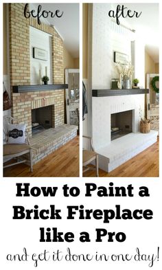 the before and after of painting a brick fireplace