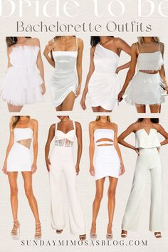 If you're a bride to be heading on your bachelorette trip soon, here are some white bachelorette party outfit ideas! From the cutest fringe two piece sets and satin mini dresses to lace jumpsuits and sequin numbers you'll obsess over! These are the perfect white dresses for a night out with your girlfriends! Sharing tons of cute bachelorette party outfits and white bachelorette party outfits for bride here. Bachelorette Party Outfit Midsize, Bachelorette Bride Outfit Night, All White Bachelorette Party, Bachelorette Party Outfit For Bride, Bride To Be Outfit, Bachelorette Outfit For Bride, Bachelorette Outfit Ideas, Bachelorette Party Outfit Ideas, Bride Bachelorette Outfit