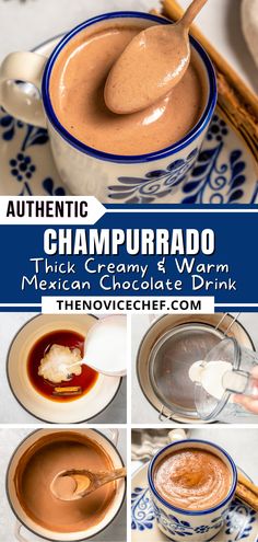 the ingredients for this creamy and warm mexican chocolate drink are shown in four different pictures