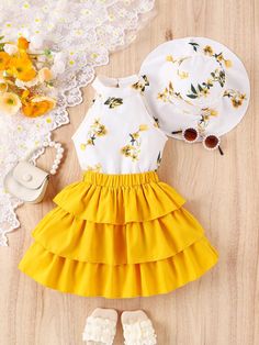 Yellow Casual Collar   Floral  Embellished Non-Stretch  Young Girls Clothing Outfits For 6 Year Girl, Cute Girl Clothes, Cute Outfits With Shorts, Top Summer Outfits, Cute Dress Outfits, Clothes For Kids, Easy Trendy Outfits