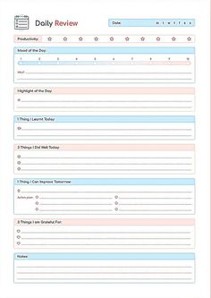 the daily review form is shown in blue and pink, as well as an empty list