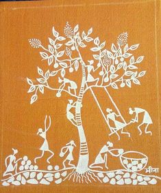 an orange book with white designs on the front and back cover, depicting people dancing around a tree