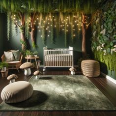 a baby's room decorated in green and white with moss growing on the wall