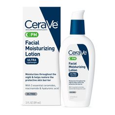 Developed with dermatologists, CeraVe PM Lightweight Facial Moisturizing Lotion for Nighttime use has an ultra-lightweight, unique formula that moisturizes throughout the night and helps restore the protective skin barrier with three essential ceramides (1,3,6-II). The formula also contains hyaluronic acid to help retain skin's natural moisture and niacinamide to help calm skin CeraVe PM Ultra-Lightweight Facial Moisturizing Lotion is oil-free, non-comedogenic and fragrance-free. How to Use: App Evening Skincare Routine, Profumo Victoria Secret, Cerave Skincare, Evening Skincare, Facial Lotion, Foaming Face Wash, Moisturizing Lotion, Oil Free Moisturizers, Face Lotion