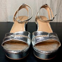 Never Worn, Tried On Once And Did Not Fit Metallic Sandals With 4-inch Heel For Spring, Metallic Heels With Stacked Heel For Summer, Summer Metallic Heels With Stacked Heel, Metallic Synthetic Heels For Spring, Metallic Sandals With Stacked Heel For Summer, Silver Sandals Heels, Silver Sandal, Silver Sandals, Sandal Heels