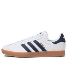 adidas Originals Gazelle Shoes 'White Navy Gum' IG3507 Leather Sneakers With White Sole And Three Stripes, White Leather Sneakers With Three Stripes, Classic White Custom Sneakers With Adidas Logo, Classic White Adidas Custom Sneakers, White Lace-up Sneakers With Three Stripes, White Low-top Sneakers With Three Stripes, Classic Adidas Slip-on Sneakers, Classic White Adidas Skate Shoes, White Adidas Sneakers With Round Toe