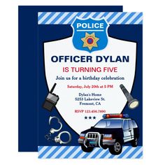 a police officer birthday party with a police car on the front and back of it