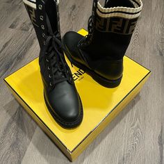 Fendi Boots, Black Color, Size Us 39 Fendi Force Boots, Fendigraphy Boots, Designer Boots With Round Toe For Winter, Designer Round Toe Boots For Winter, Designer Flat Heel Boots For Fall, Designer Winter Boots With Lug Sole, Trendy Calf Leather Boots With Round Toe, Luxury Calf Leather Combat Boots For Fall, Fendi Socks