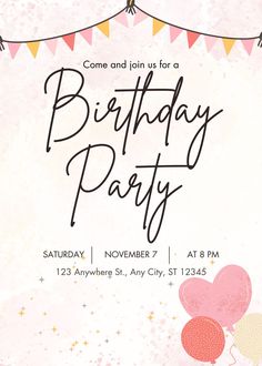 a birthday party flyer with balloons and buntings on the string, in pink tones