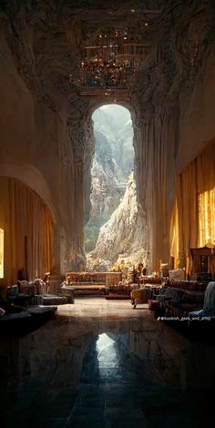 the interior of a castle like building with mountains in the background