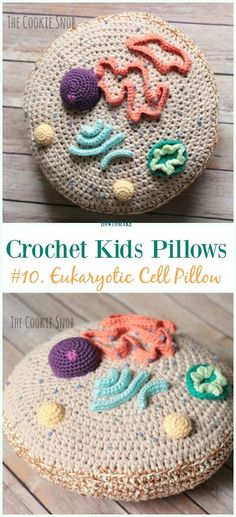 crochet kids pillows with an octopus and seahorse design on the front, and bottom