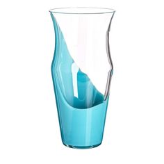 a blue glass vase filled with water on top of a white background